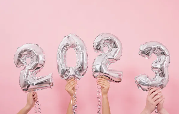 Hands, Christmas, figures, New year, pink background, date, inflatable, 2023