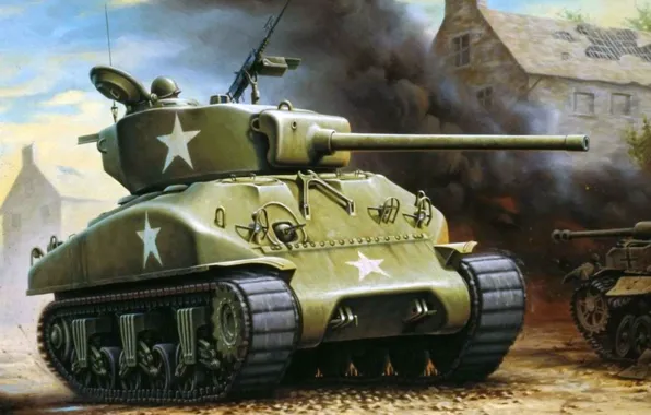 Picture war, smoke, figure, art, tank, devastation, Sherman