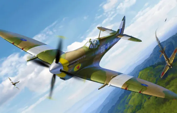 Picture war, art, airplane, painting, aviation, ww2, Spitfire Mk.VIII