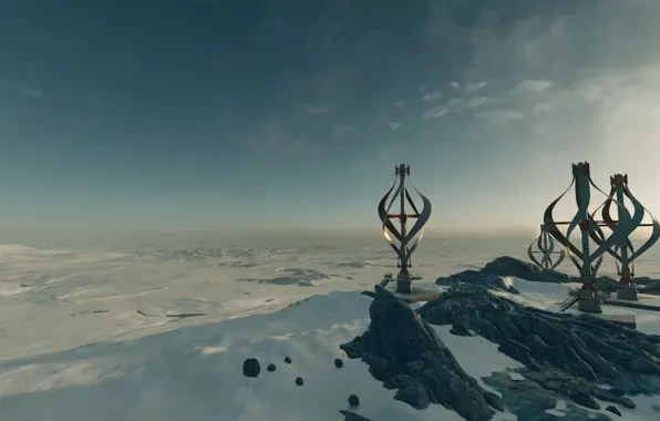 Cold, the sky, snow, desert, planet, ice, windmills, starfield