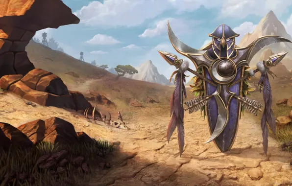 Picture World of Warcraft, game, desert, mountains, weapons, digital art, artwork, shield