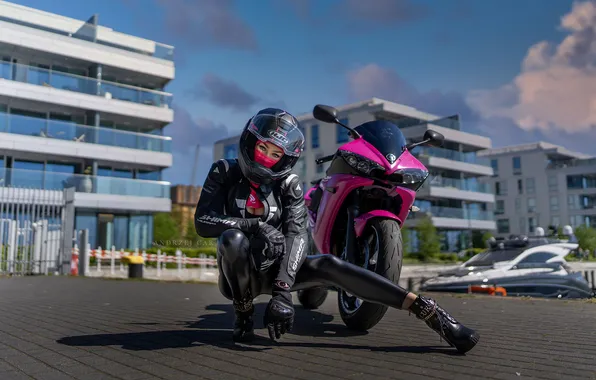 Picture girl, pose, motorcycle, helmet, legs, Andrzej Czar