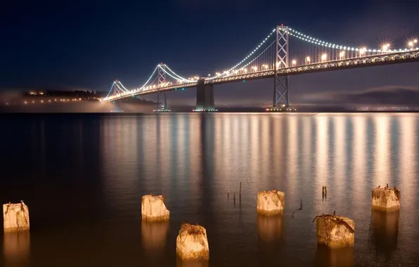 Night, bridge, the city, lights, fog, river, Bay