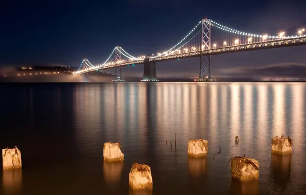Picture Lights, Bridge, Fog, Night, The city, River, Bay