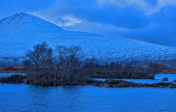The sky, clouds, snow, trees, mountains, lake