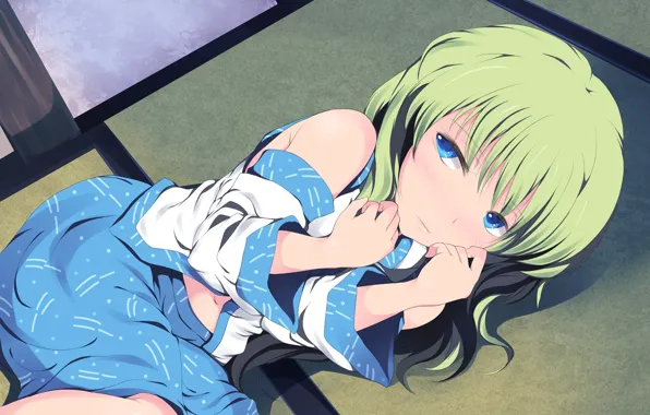 Hands, blue eyes, green hair, lying on the floor, Kochi Have Done The Art, Touhou …