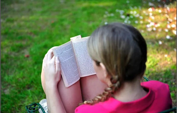 Girl, nature, mood, chair, book, braid, reading, sitting