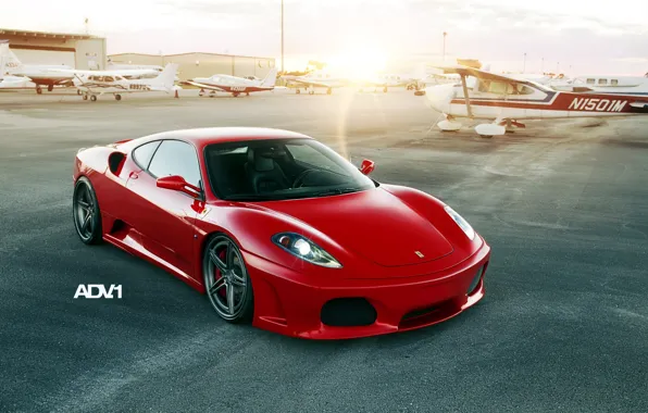 Sunset, red, tuning, supercar, ferrari, Ferrari, the airfield, f430