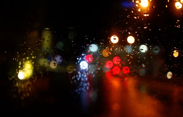 Lights, glass, night, bokeh, drops, raining, globes