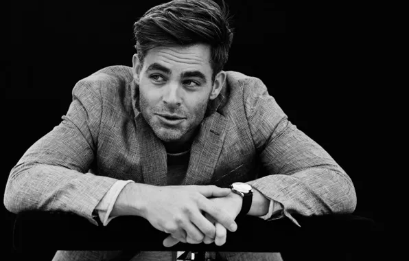 Picture photographer, actor, black and white, black background, jacket, Chris Pine, Chris Pine, 2016