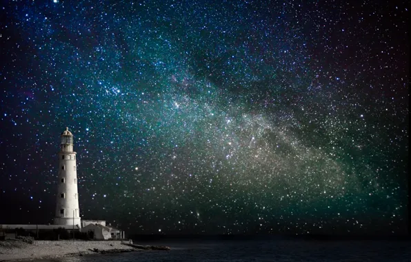 Picture sea, the sky, stars, night, coast, lighthouse, the milky way