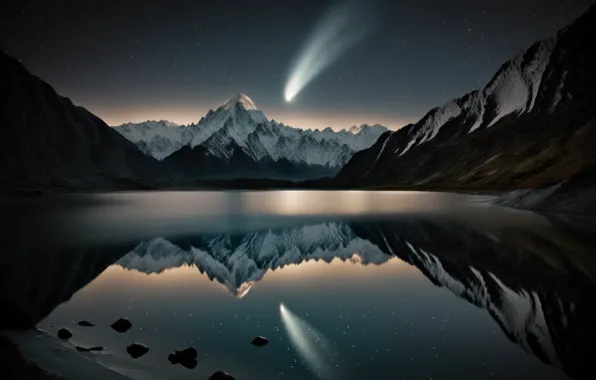 Stars, snow, landscape, mountains, night, nature, lake, reflection