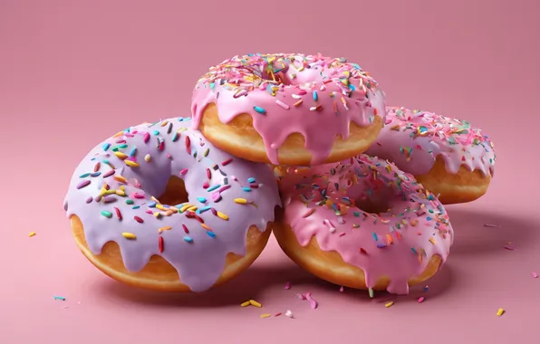 Donuts, pink background, sweets.