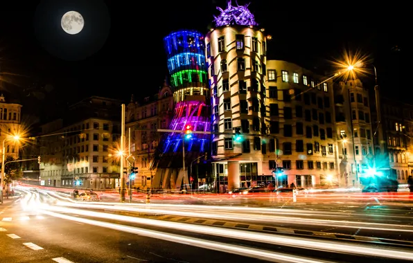 Road, night, the city, lights, the building, excerpt, Prague, Czech Republic