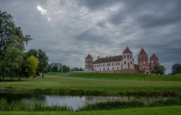 Landscape, pond, castle, dawn, architecture, journey, Belarus