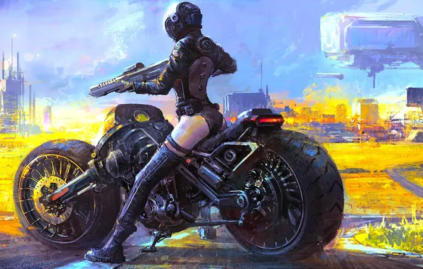 Picture girl, weapons, fiction, art, helmet, bike, sci-fi