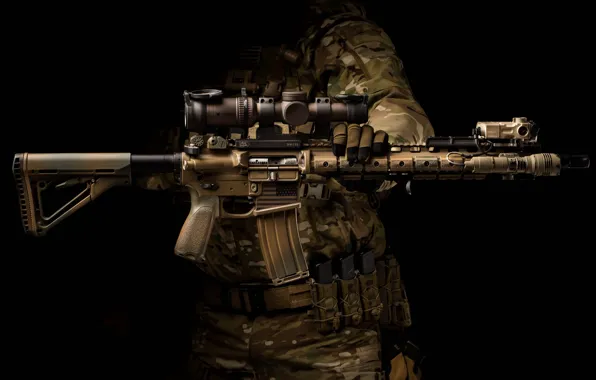 Background, optics, carabiner, assault rifle