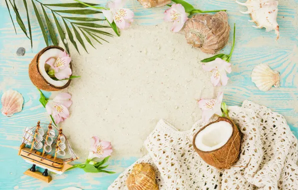 Sand, summer, coconut, shell, summer, beach, flowers, sand