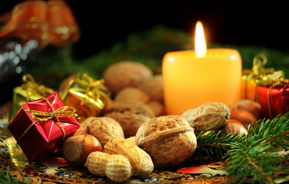 Decoration, flame, focus, candles, nuts, needles