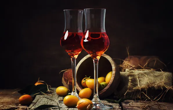 Glass, the dark background, wine, red, Board, glasses, pair, bowl