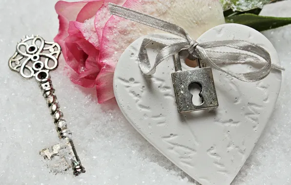 Love, rose, heart, winter, snow, key, romantic, lock