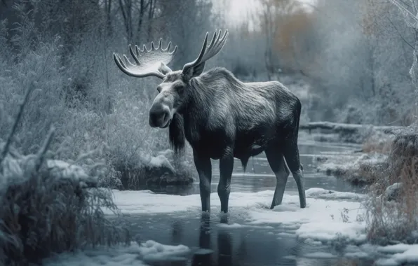 Winter, forest, snow, nature, moose, AI art, neural network, the art of artificial intelligence