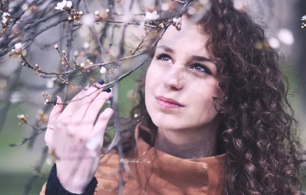 Picture look, girl, flowers, branches, spring, ring, curls