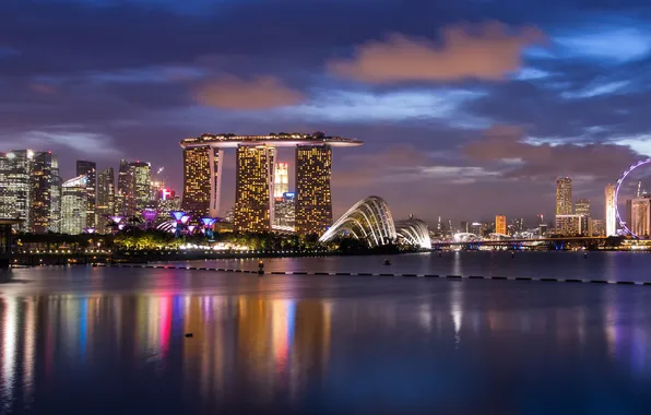 Clouds, the city, lights, reflection, skyscrapers, the evening, backlight, Bay