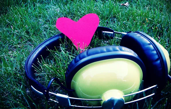 Picture grass, macro, love, music, heart, music, headphones, love