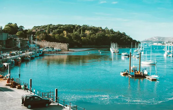 Sea, the city, photo, Marina, ships, boats, UK, Wales