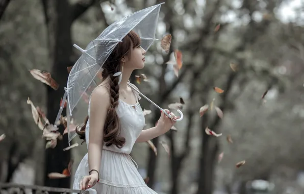 Picture girl, leaves, umbrella