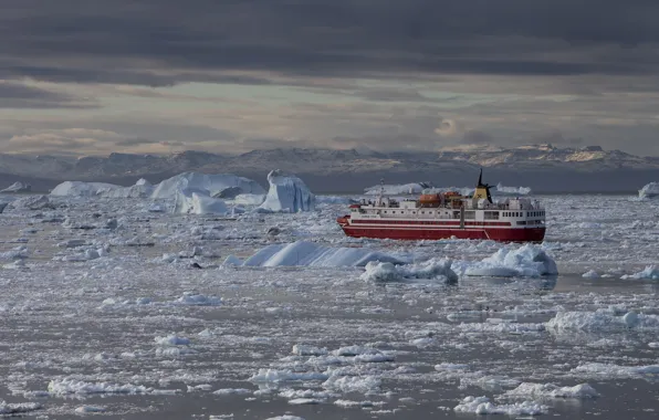 Sea, mountains, ship, ice, ferry, icebergs, Greenland