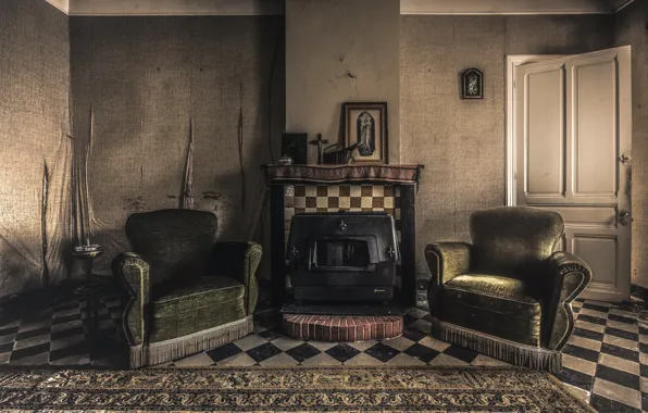 Room, chair, fireplace