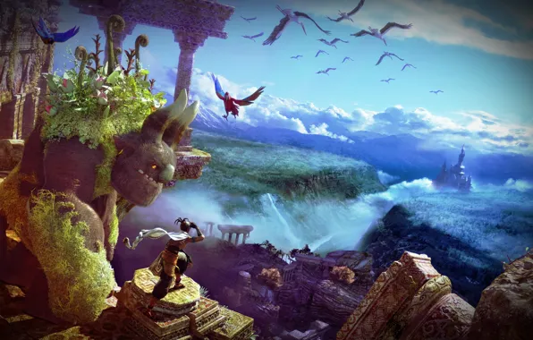 Birds, castle, Action, ruins, obloka, Adventure, warrior and powerful being, Majin and the Forsaken Kingdom