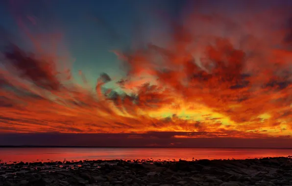 Sea, the sky, clouds, sunset, stones, shore, glow