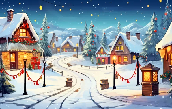 Winter, snow, house, holiday, graphics, Christmas, hut, New year