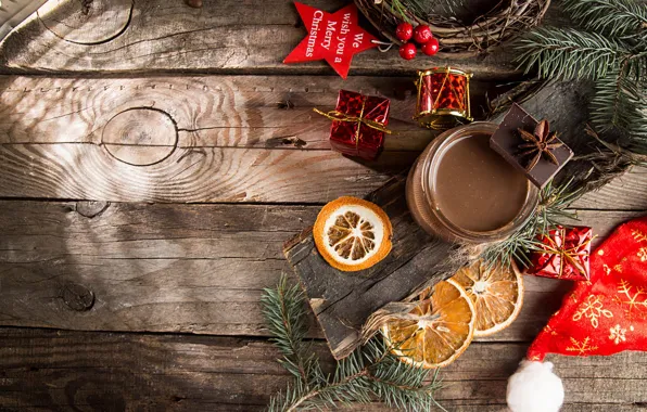 Branches, toys, Board, star, chocolate, oranges, Christmas, Bank