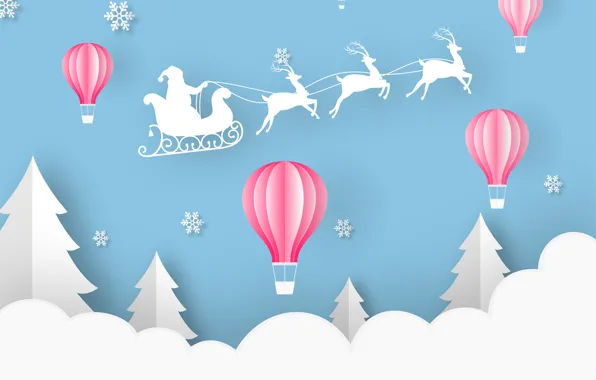 Winter, new year, Blue, Paper, Cloud, Snowflakes, Santa, Santa Claus