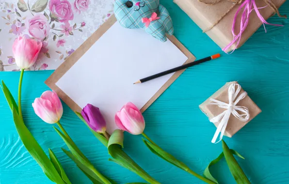 Flowers, gift, hearts, tulips, pink, wood, pink, flowers