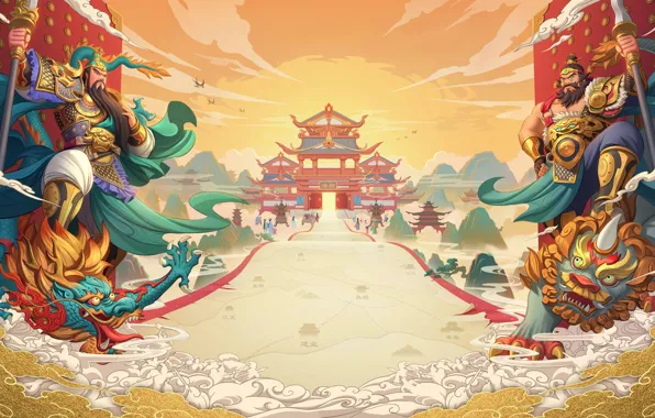 Road, Figure, Palace, China, Asia, Fantasy, Dragons, Fiction