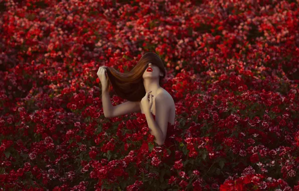 Picture girl, flowers, hair, makeup, sponge, Skin and thorns, Mara Saiz