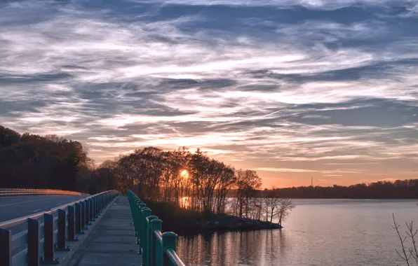 Picture road, forest, the sky, the sun, clouds, trees, sunset, river