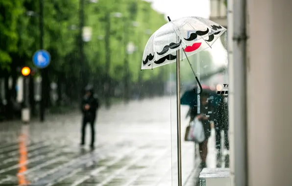 The city, umbrella, people, rain, street, umbrella, stores, passers-by