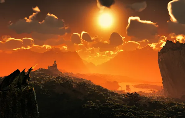 The sky, the sun, clouds, castle, dragon, ships