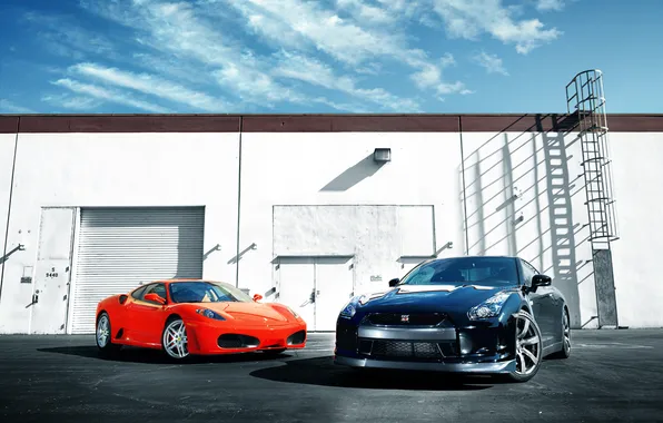 Picture the sky, black, the building, F430, Ferrari, red, Nissan, GT-R