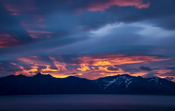 The sky, clouds, sunset, mountains, lake