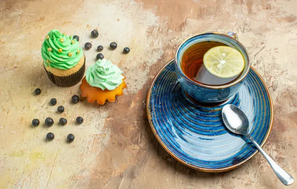 Tea, Cup, cake, cream, cupcakes