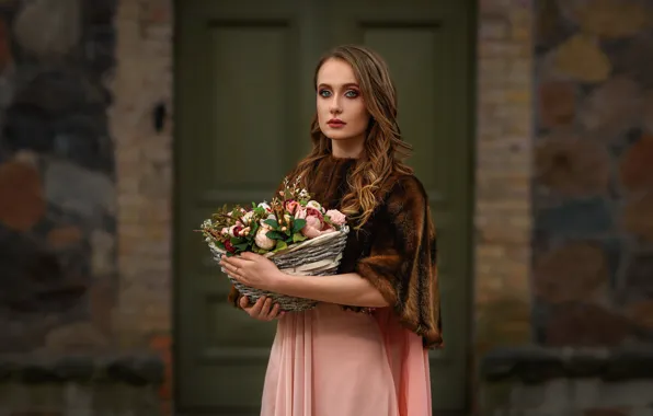 Girl, flowers, pose, basket, Olga, bokeh, Dmitry Medved