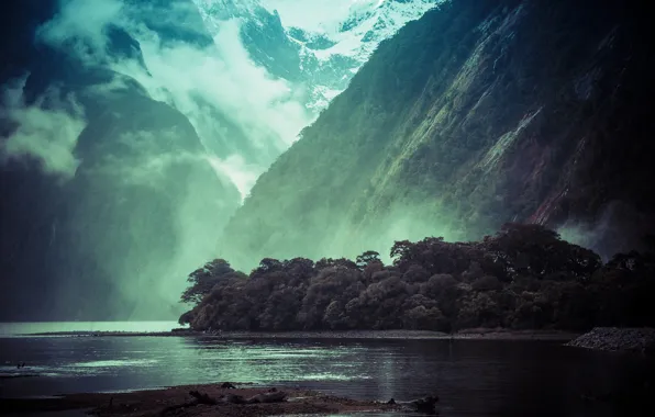 Clouds, trees, mountains, lake, waterfall