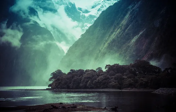 Picture clouds, trees, mountains, lake, waterfall